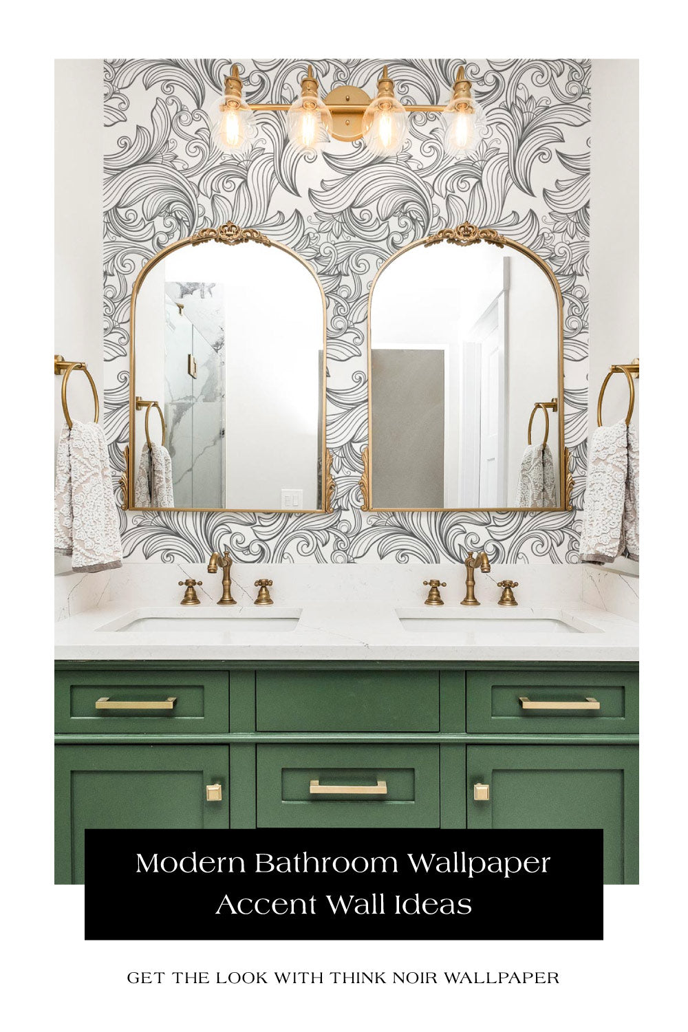 Decorative botanical wallpaper in a refined bathroom