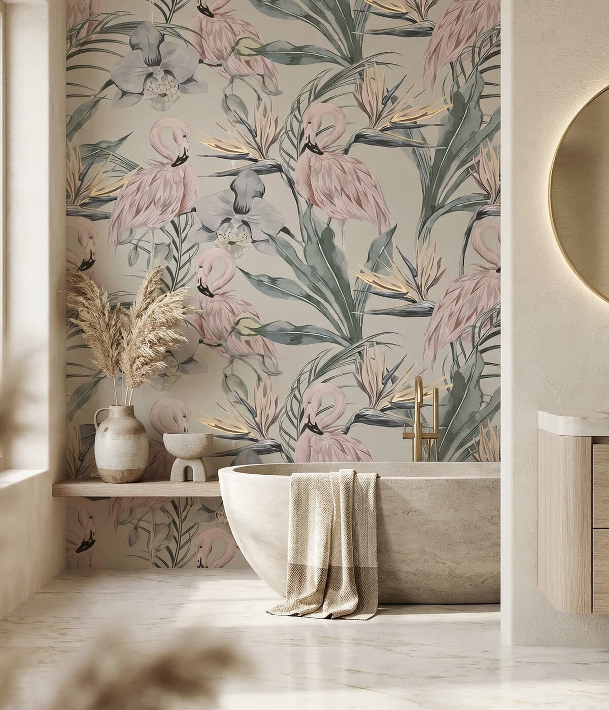 Colorful designer wallpaper feature wall in a sitting room