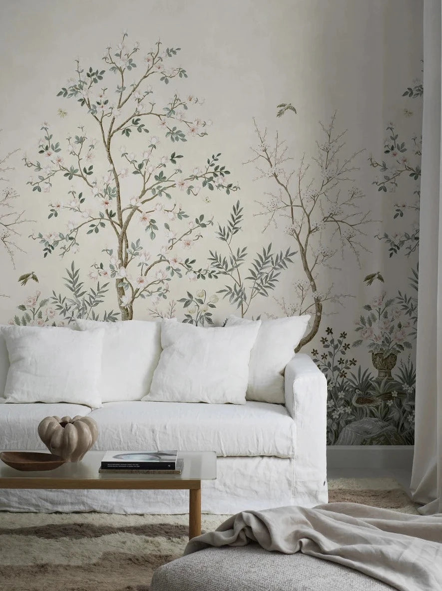 Finished floral wallpaper feature wall in a bright residential room